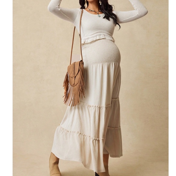Maternity Waffle Cropped Long Sleeve Top Maxi Skirt Set - Picture 6 of 6